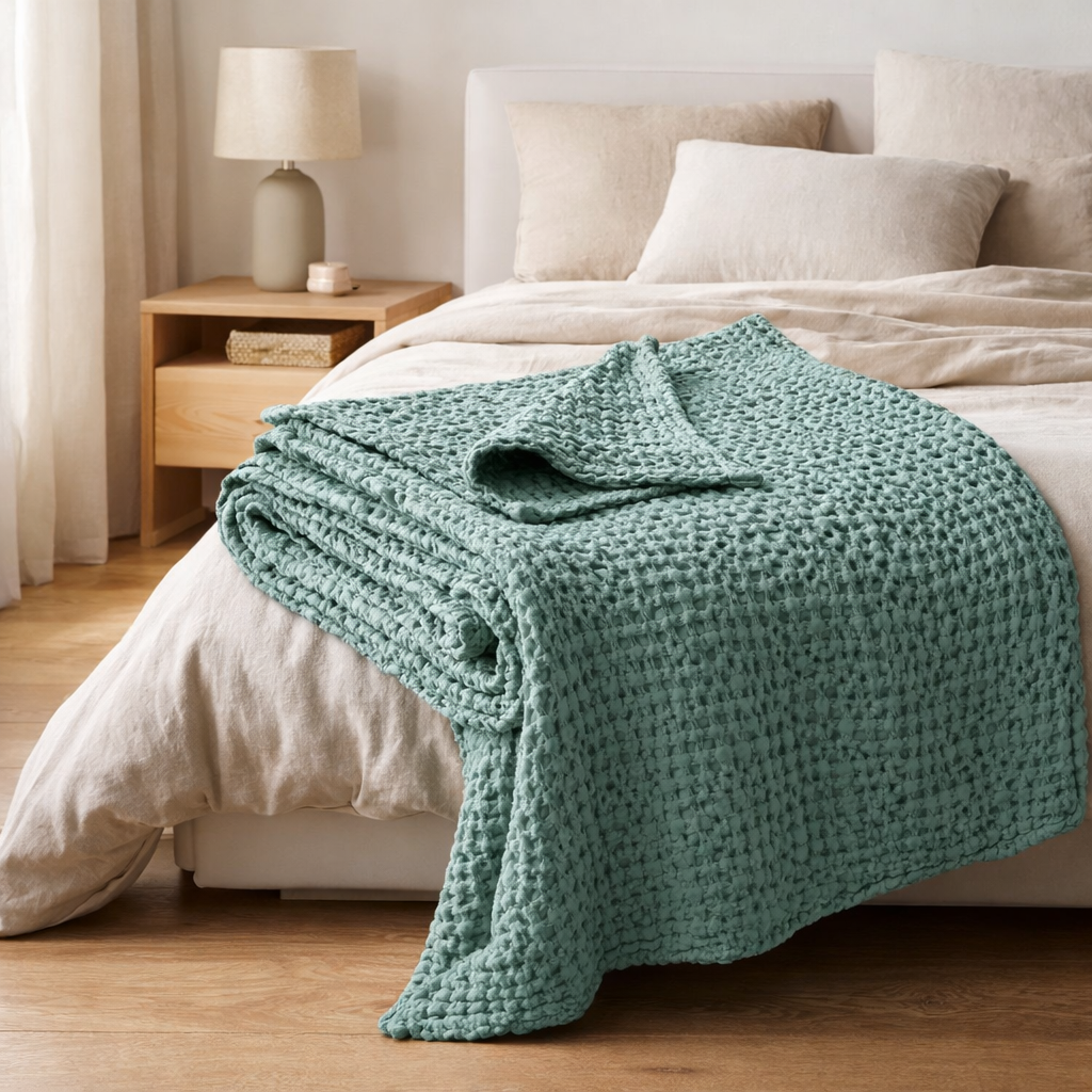 Jeté stonewashed Tana Vert de gris 240 x 260 en situation