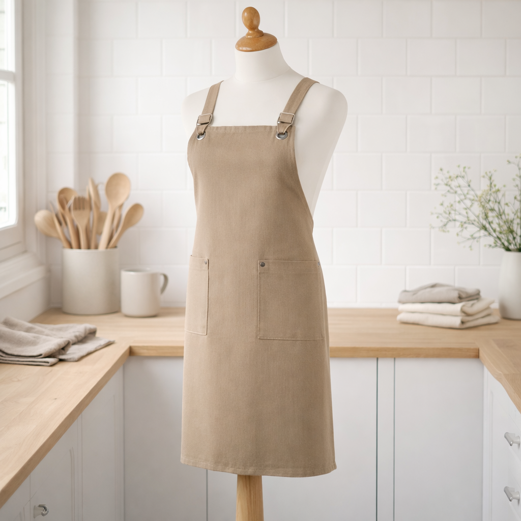 Tablier de cuisine recyclé Artisan avec poches Camel 72 x 85 en situation