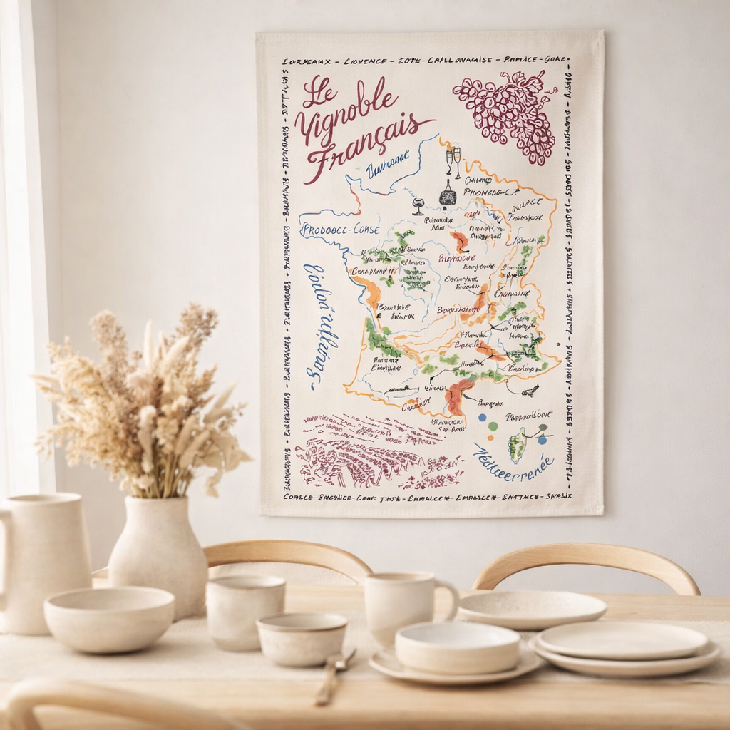 Torchon La Carte Des Vins de France Ecru en situation