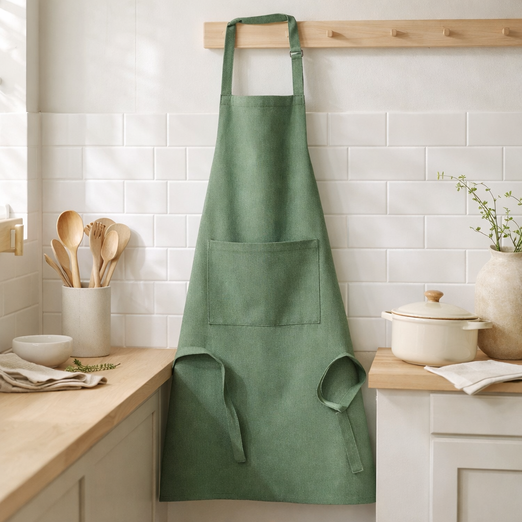 Tablier de cuisine recyclé Dario Vert 85 x 72 en situation