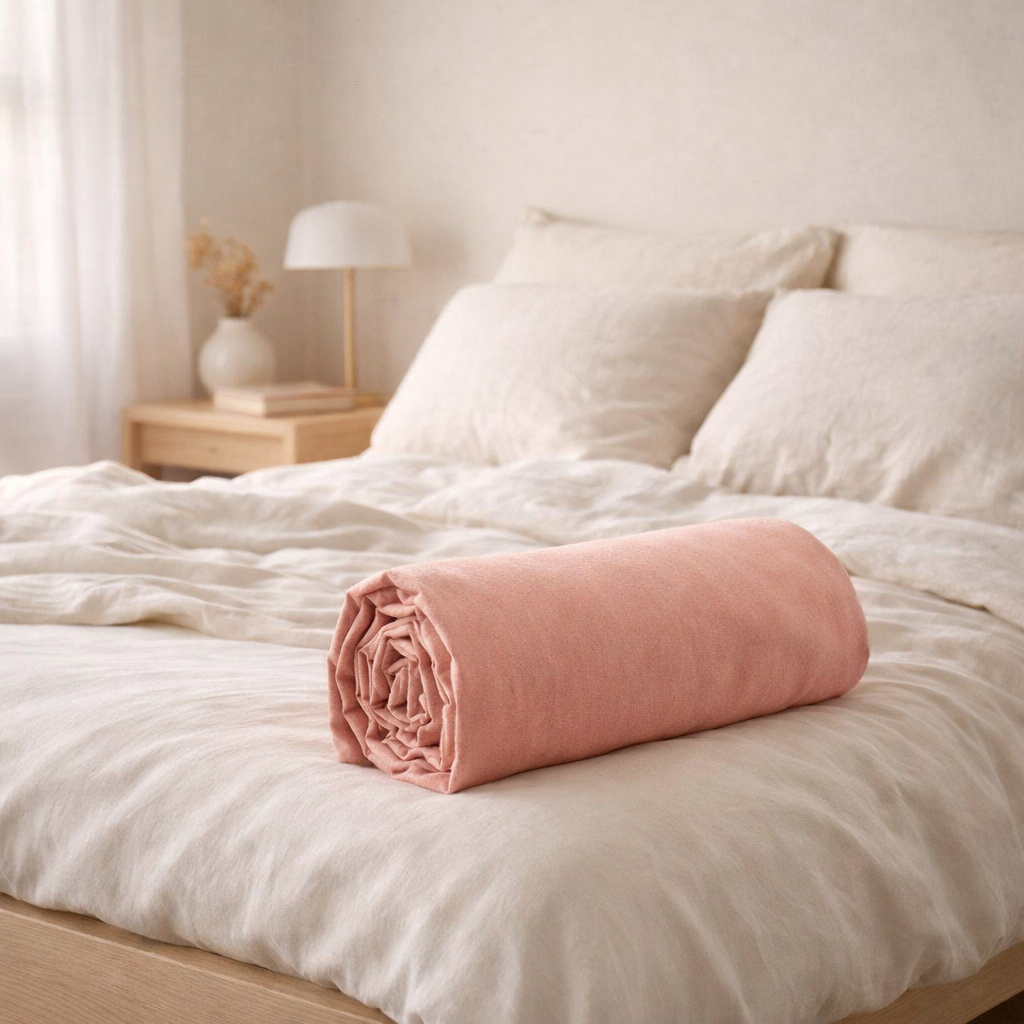 Drap housse Calita Blush 140x190 bonnet 30 cm en situation