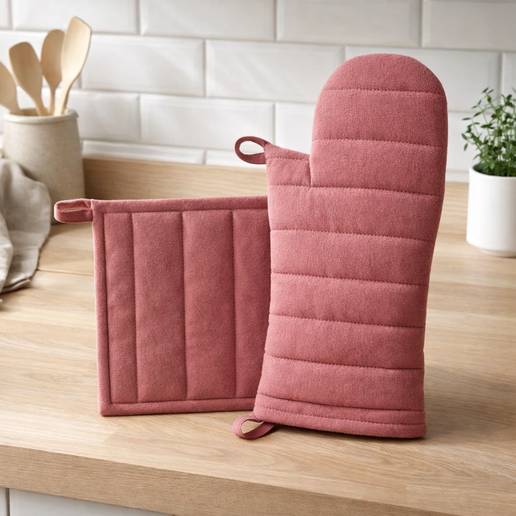 Lot Gant de cuisine/Manique recyclé Jona Bois de rose 15 x 30 en situation