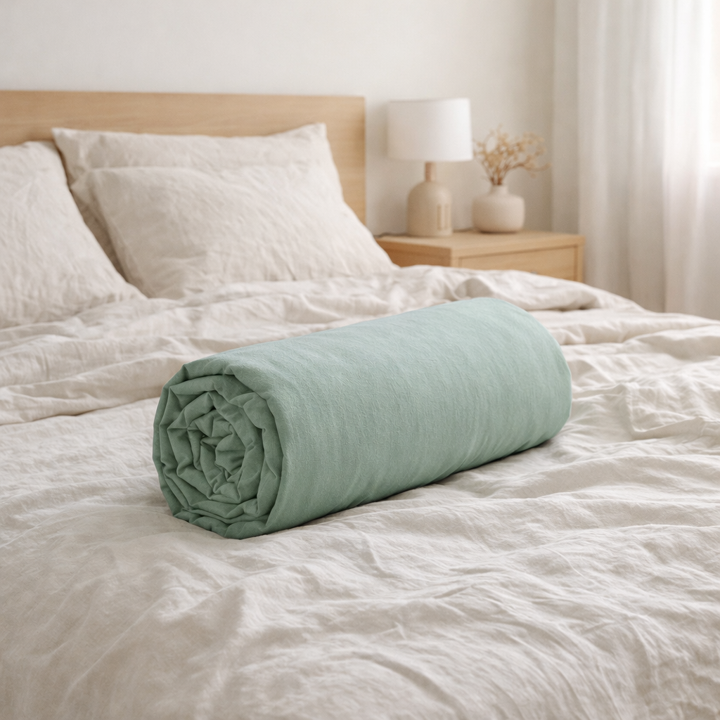 Drap housse Calita Sauge 160x200 bonnet 30 cm en situation