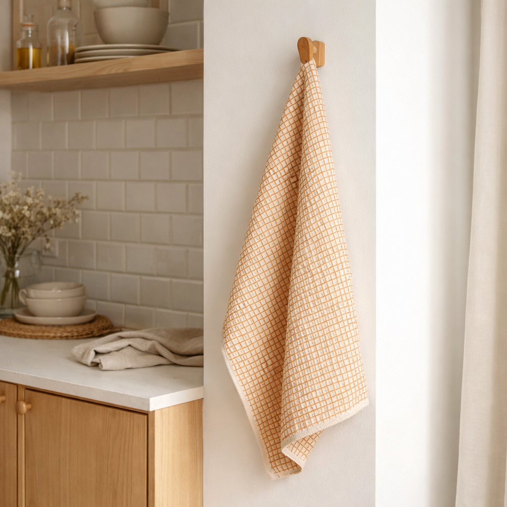 Torchon nid d'abeilles bicolore Mumba Cannelle 50 x 70 en situation