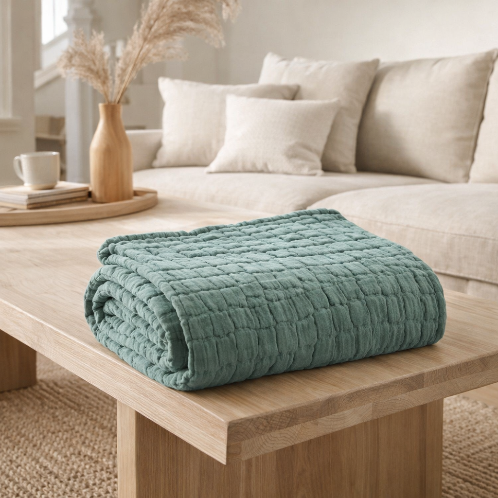 Plaid Stonewashed Swami Lichen 130 X 200 en situation