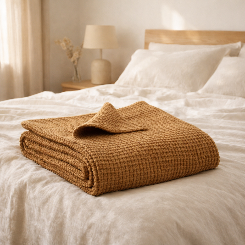 Jeté de lit stonewashed Maia Bronze 260 x 260 en situation