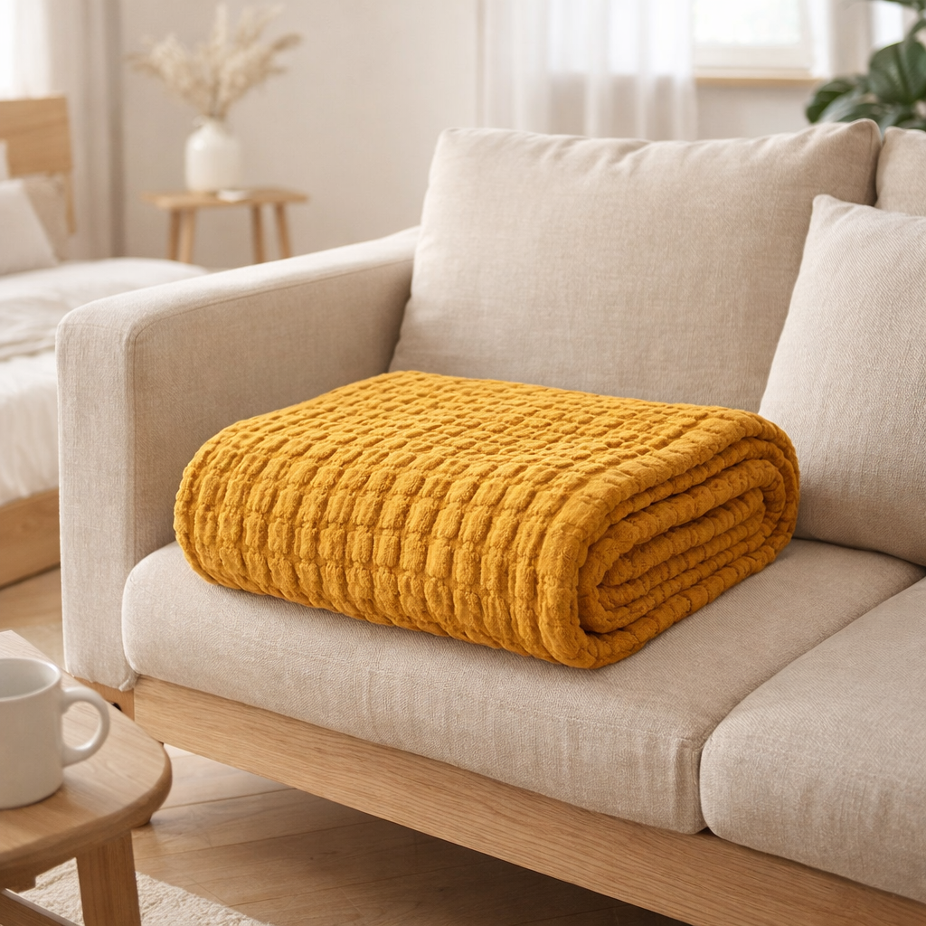 Plaid Swami Safran 130 x 200 en situation