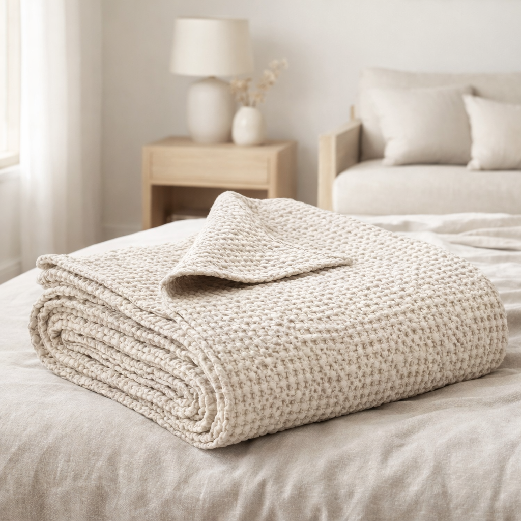Jeté stonewashed Tana Crème 240 x 260 en situation