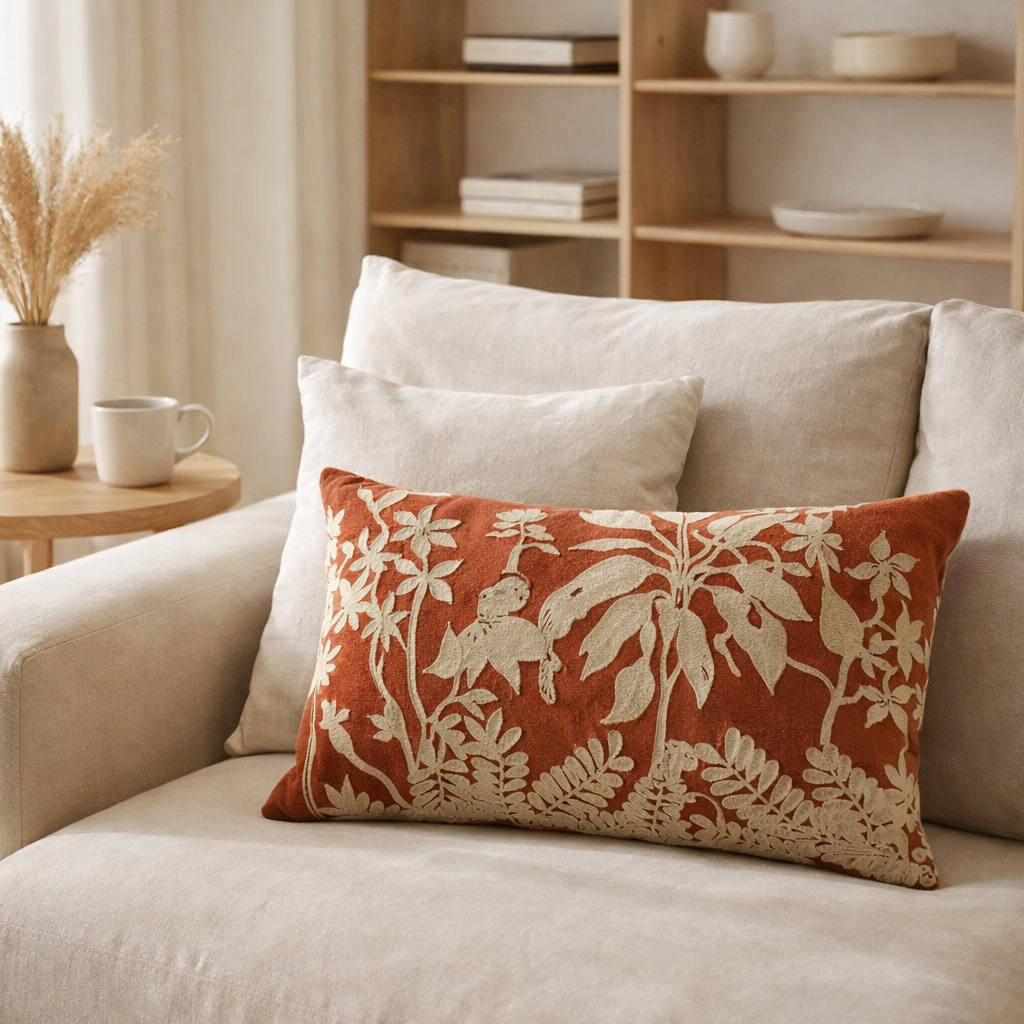Coussin brodé Raki Rooibos 30 x 50 en situation