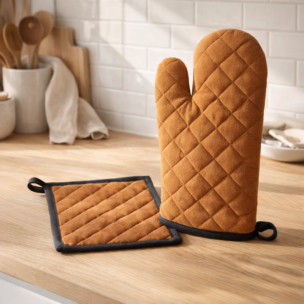 Lot gant de cuisine/manique recyclé Grace Caramel 15 x 32 en situation
