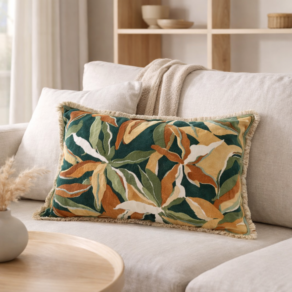 Coussin imprimé Alina Pétrole 30 x 50 en situation