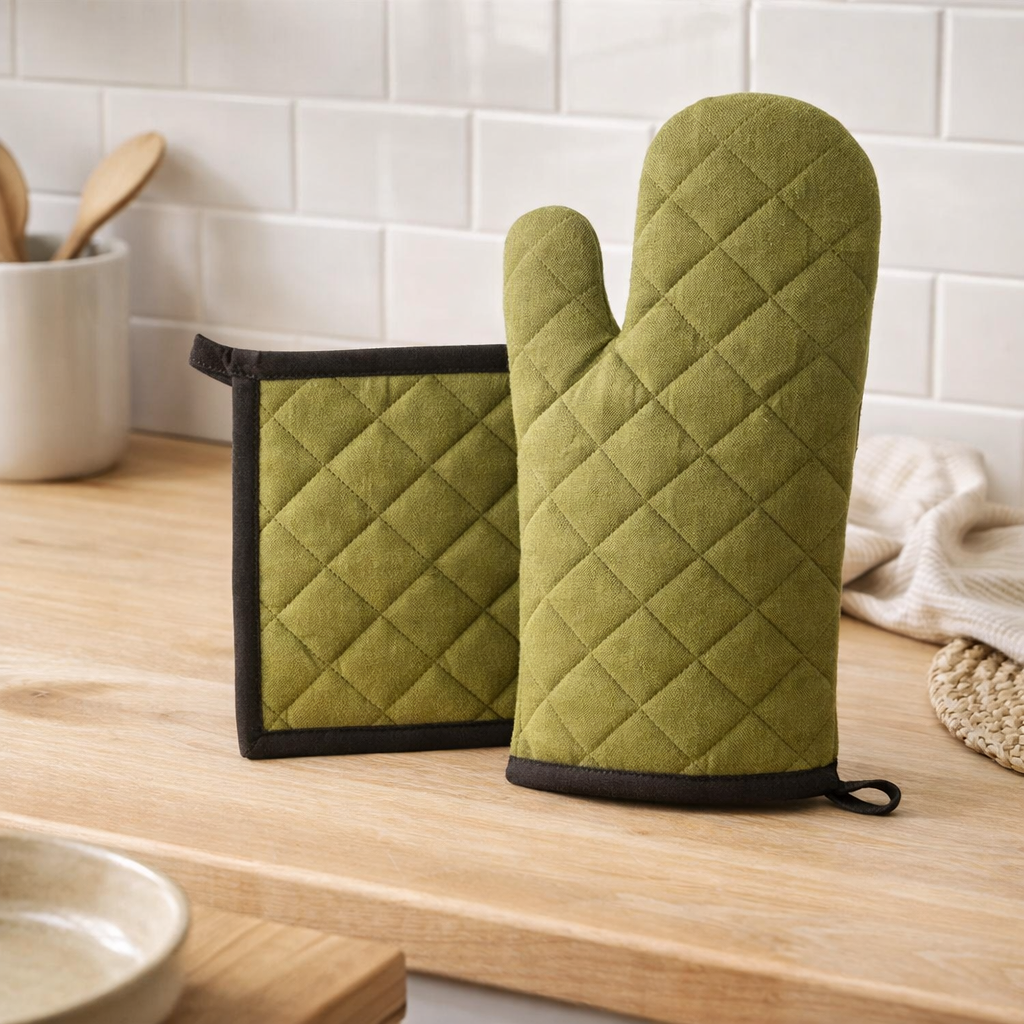 Lot gant de cuisine/manique recyclé Grace Kaki 15 x 32 en situation