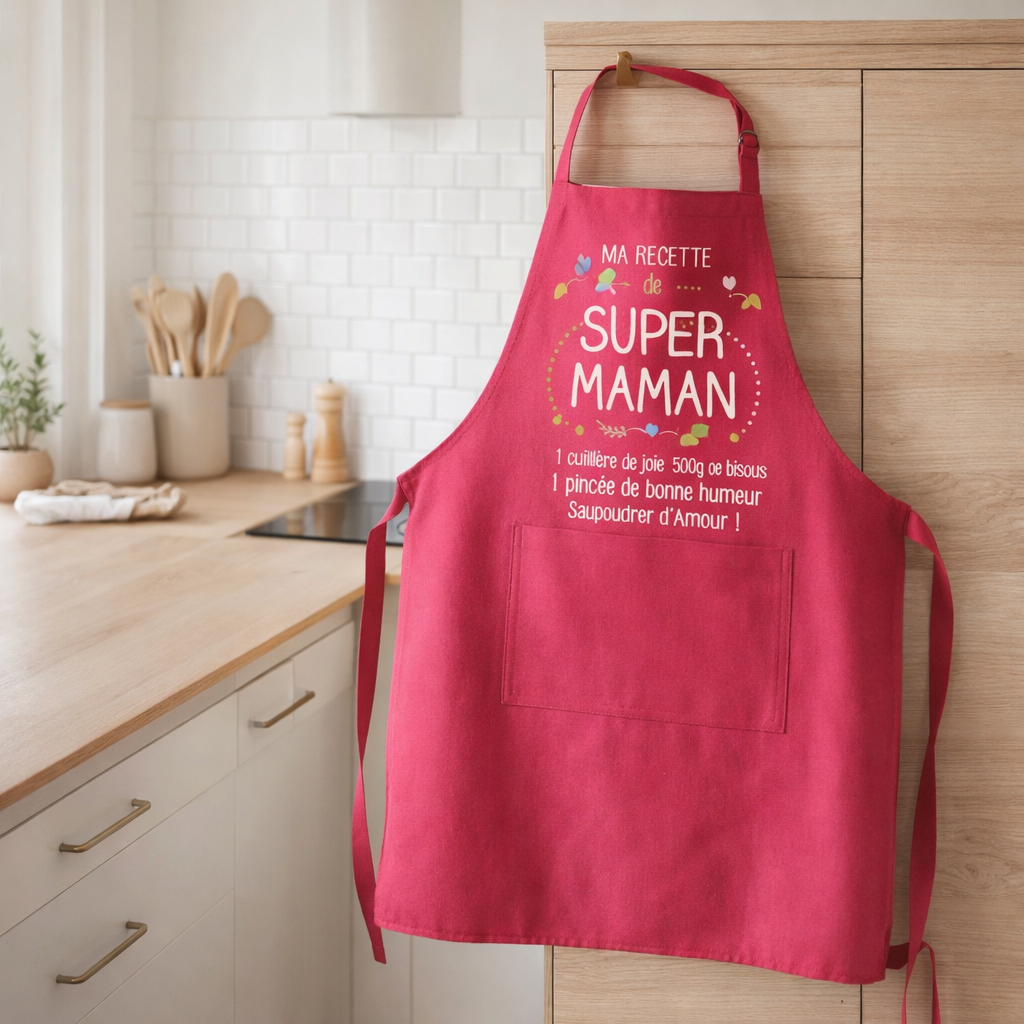 Tablier de cuisine Ma recette de super maman recyclé Rose 72 x 90 en situation