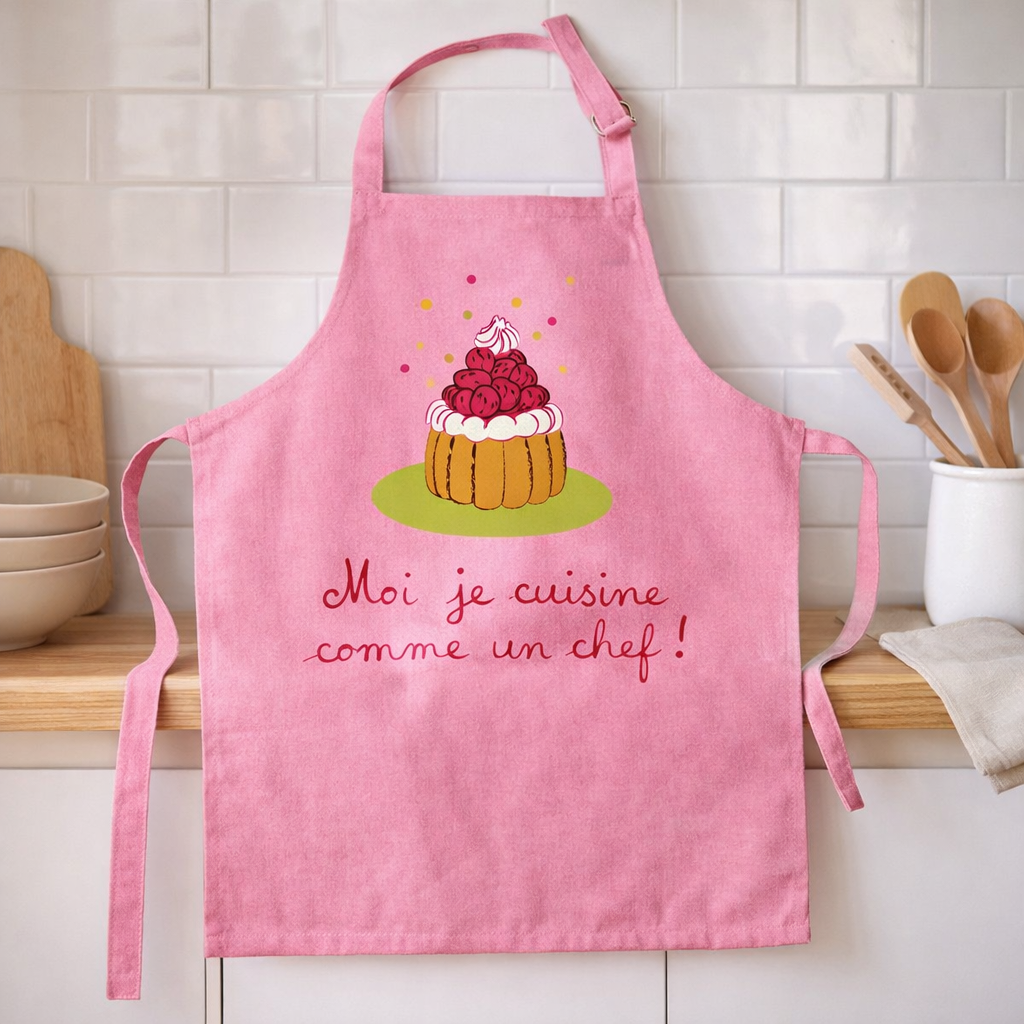 Tablier de cuisine enfant Je cuisine comme un chef recyclé Rose 52 x 63 en situation