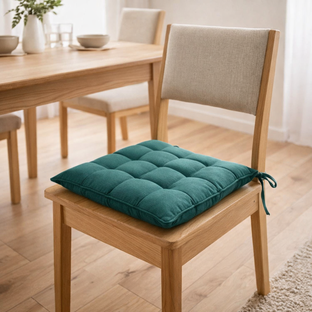 Galette de chaise Grace recyclée Paon 40 x 40 x 3 cm en situation