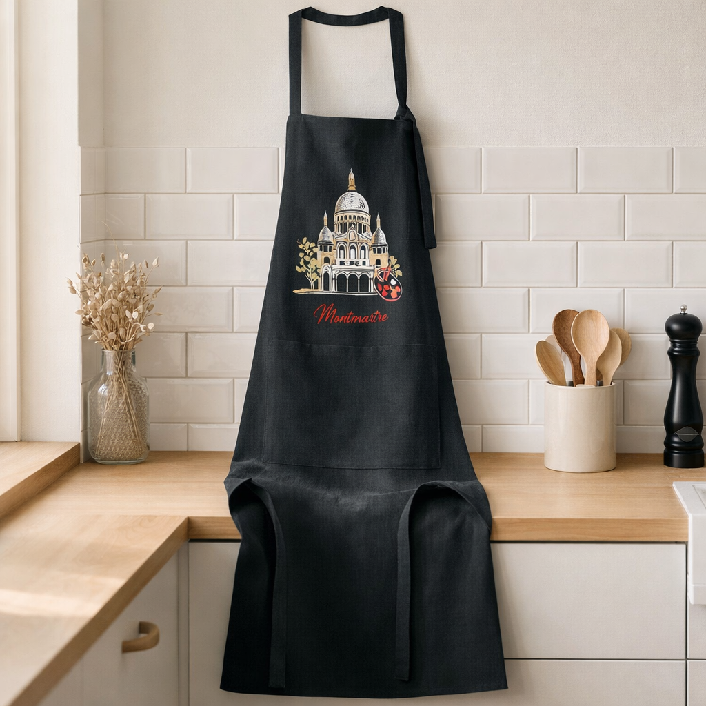 Tablier de cuisine recyclé Montmartre avec poche Noir 85 x 72 en situation