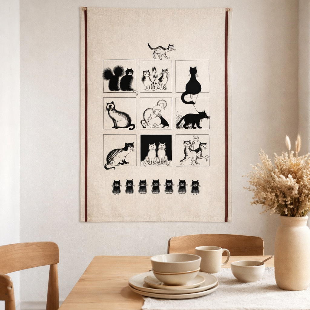 Grand torchon Dubout Galerie de chats Ecru 60 x 80 en situation