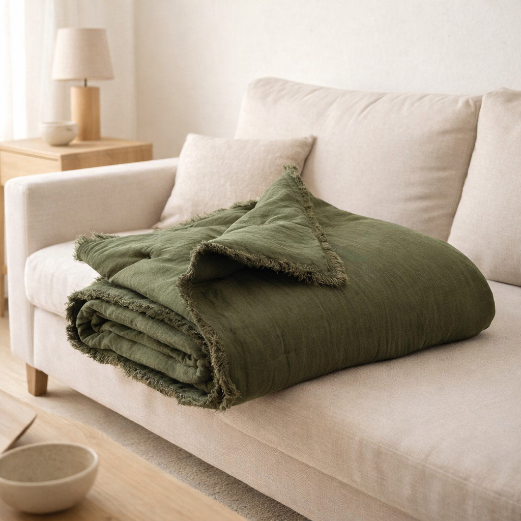 Plaid uni Laly Olive 135 x 200 en situation