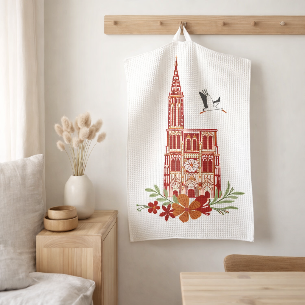 Torchon nid d'abeilles recyclé Cathédrale Fleurie Blanc/rouge 50 x 70 en situation