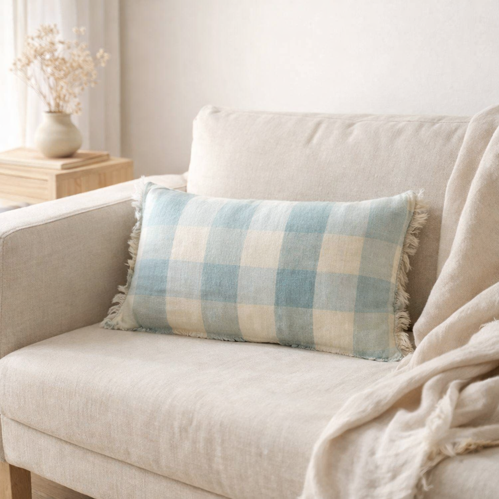 Coussin imprimé Kate Myosotis 30 x 50 en situation