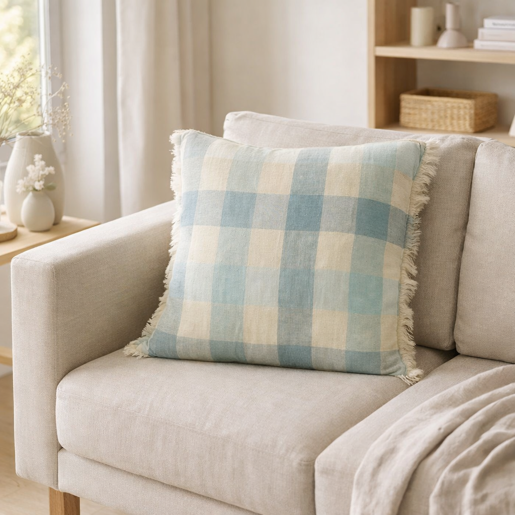 Coussin imprimé Kate Myosotis 45 x 45 en situation