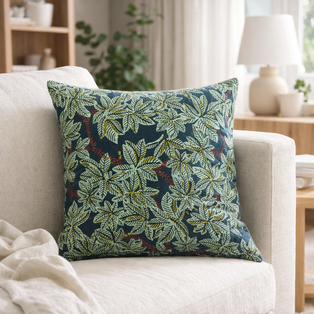 Coussin imprimé Ariane Pétrole 45 x 45 en situation
