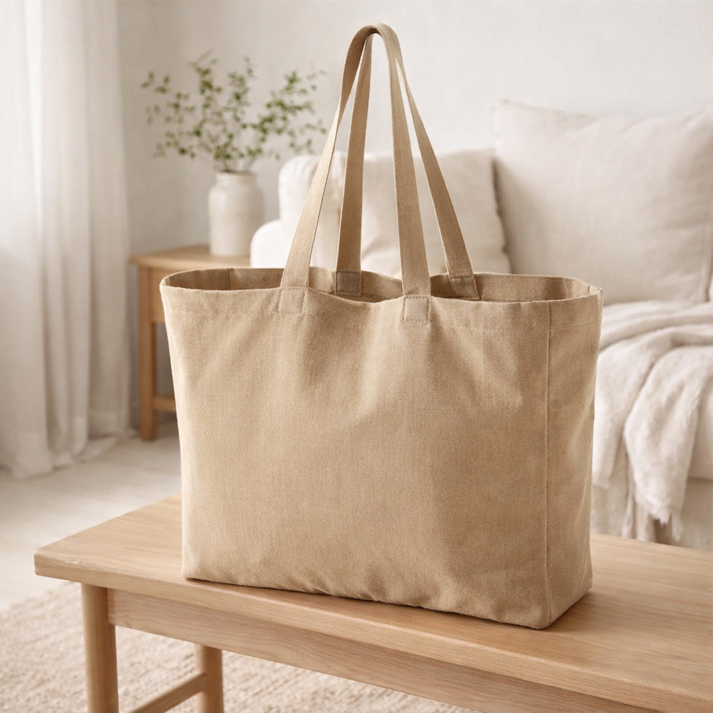 Sac shopping recyclé Grace Camel 35 x 40 x 15 en situation