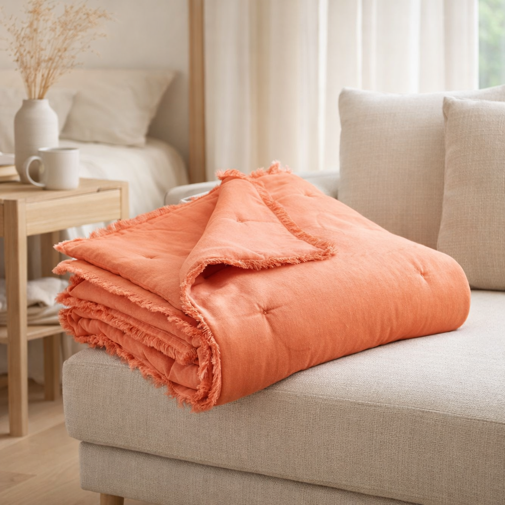 Plaid uni Fara Goyave 135 x 200 en situation