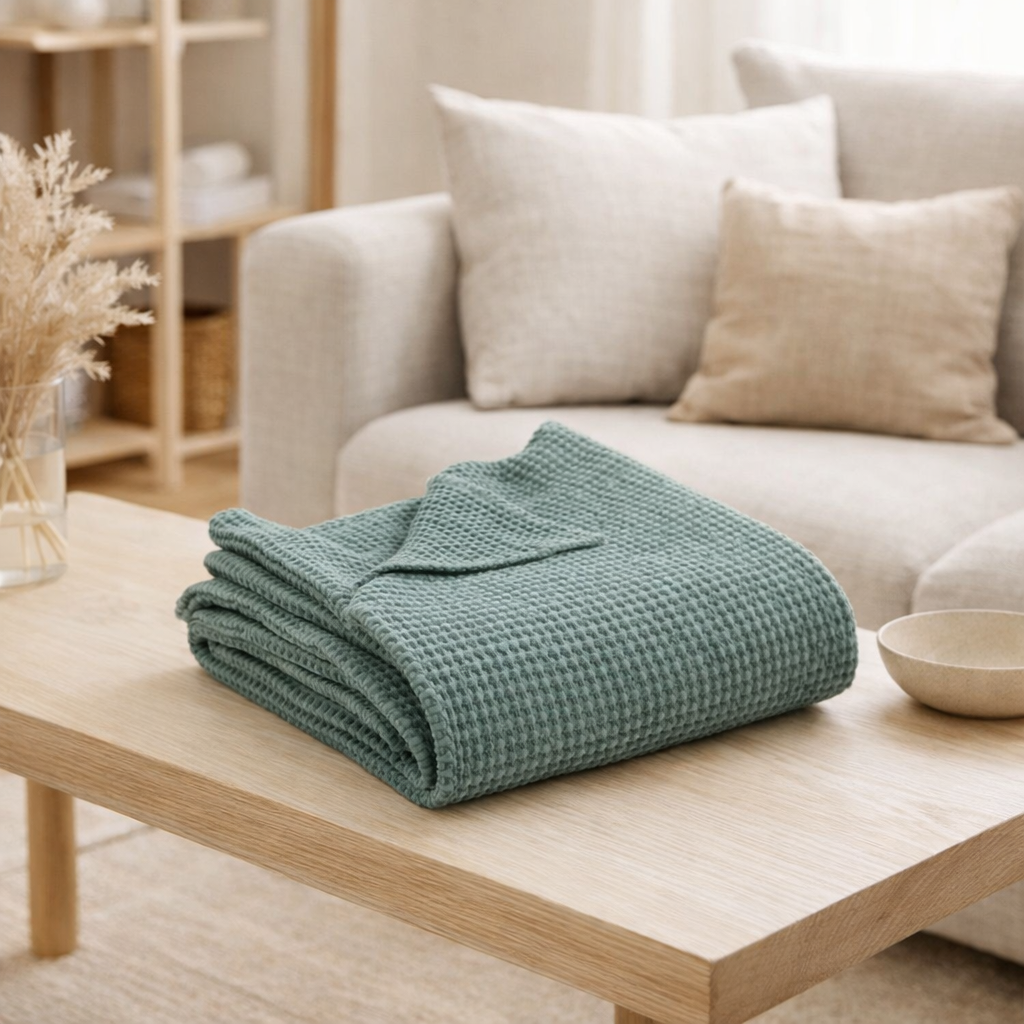 Plaid Stonewashed Maia Vert de Gris en situation