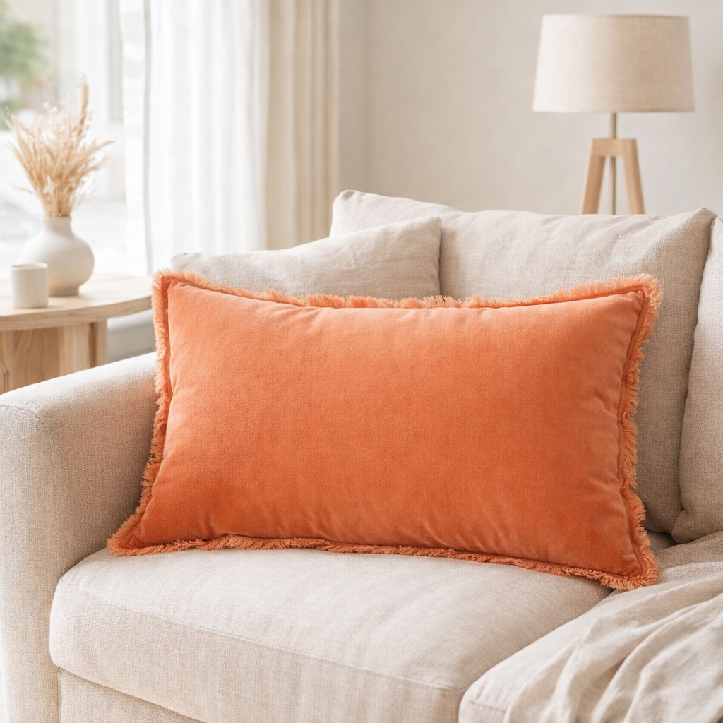 Coussin uni Fara Goyave 40 x 65 en situation