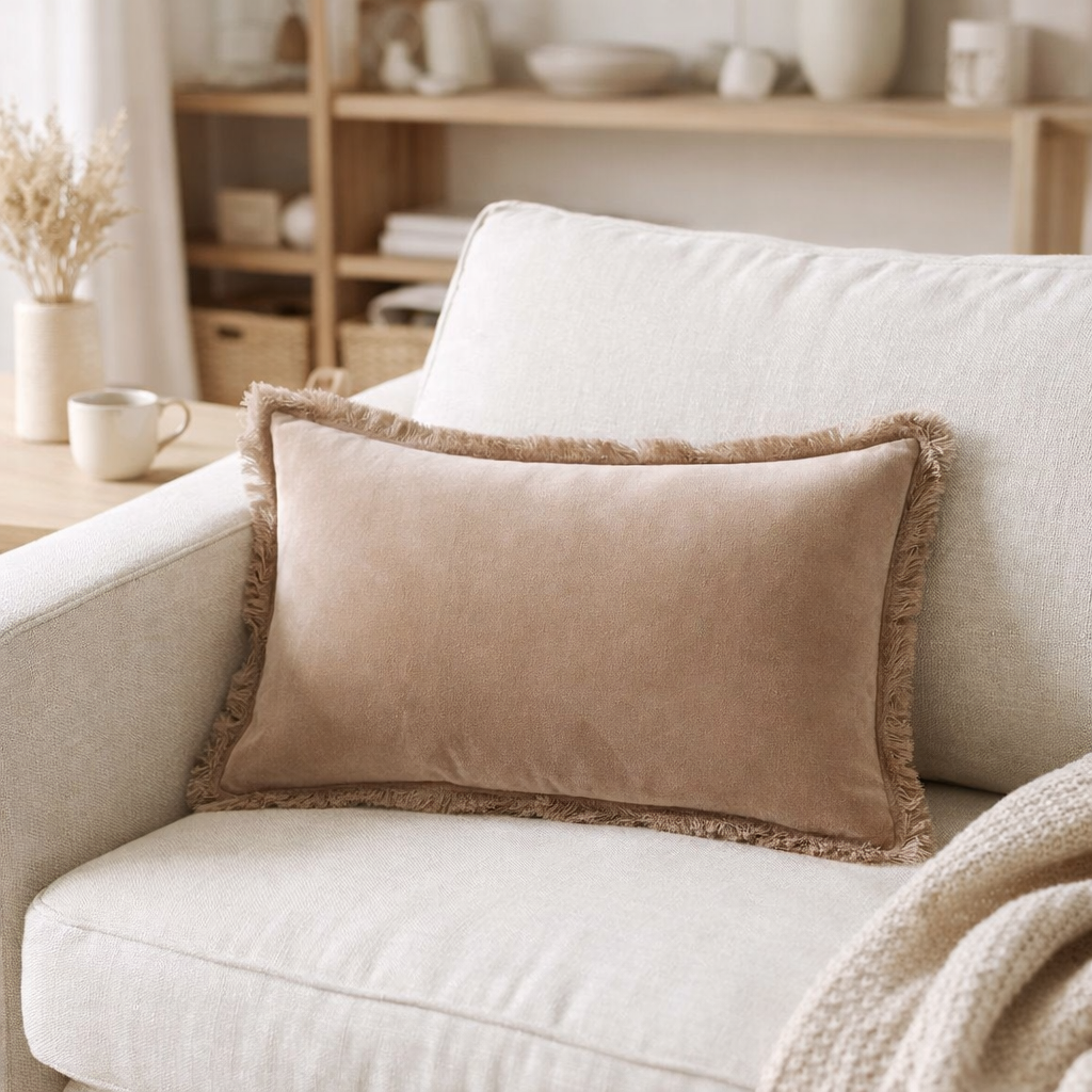 Coussin uni Fara Taupe 30 x 50 en situation