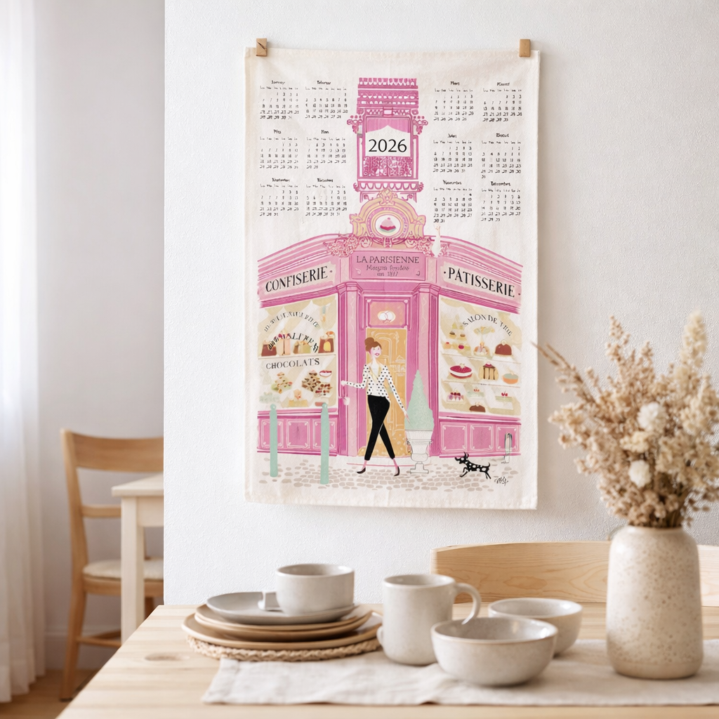 Torchon Façade pâtisserie Calendrier 2026 Ecru 48 x 72 en situation