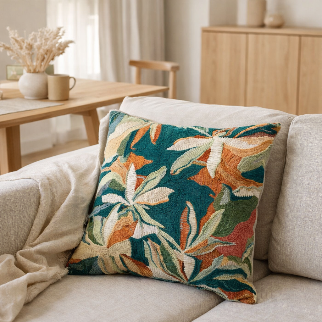Coussin brodé Alina Pétrole 45 x 45 en situation