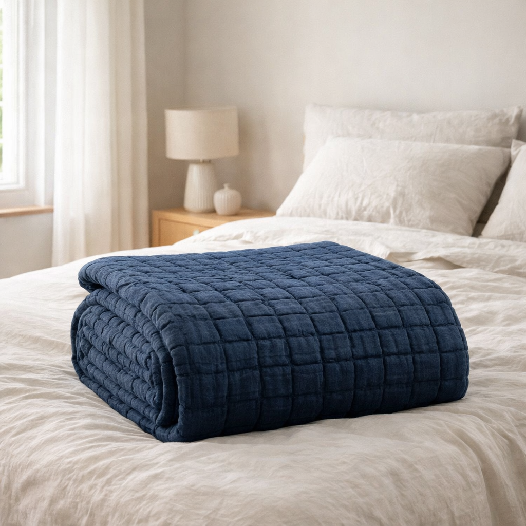 Couvre-lit stonewash Swami Marine 240 x 260 en situation