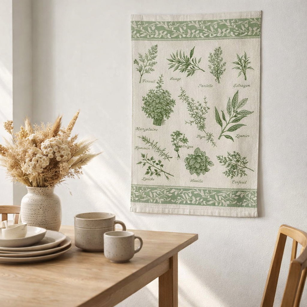 Torchon jacquard Herbes de provence Vert 50 x 70 en situation