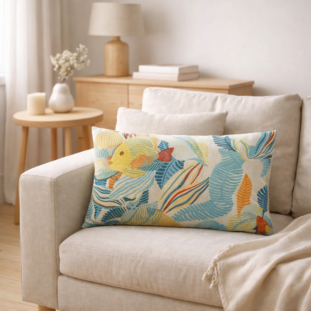 Coussin imprimé Dori Lagon 30 x 50 en situation