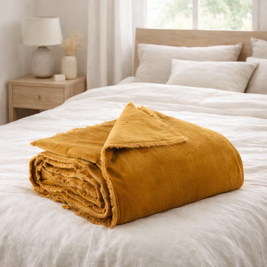 Plaid uni Fara Safran 135 x 200 en situation