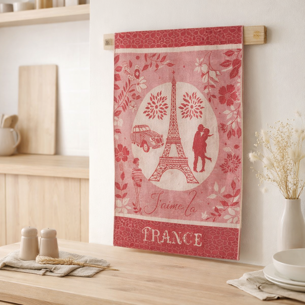 Torchon jacquard Tour Eiffel Rouge 50 x 70 en situation