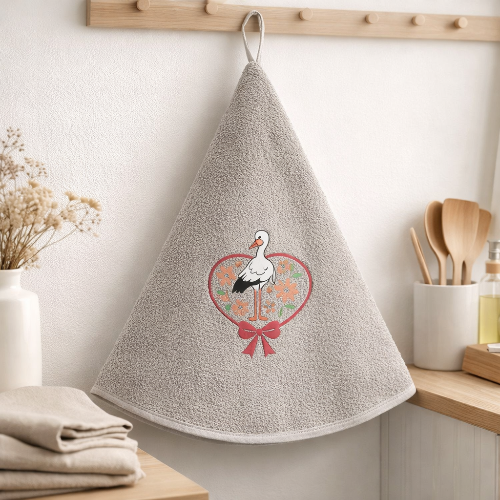 Essuie-mains rond Brodé Cigogne Fleurs Gris Diamètre 60 cm en situation