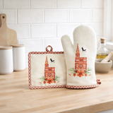 Lot gant de cuisine / manique Cathédrale Rouge/ecru 18 x 28 en situation