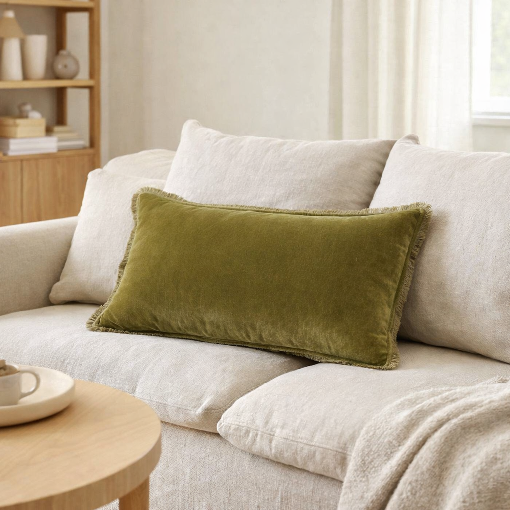 Coussin uni Fara Olive 40 x 65 en situation