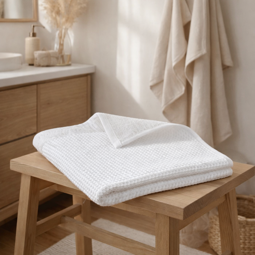 Drap de bain recyclé Abby Blanc 90 x 150 en situation