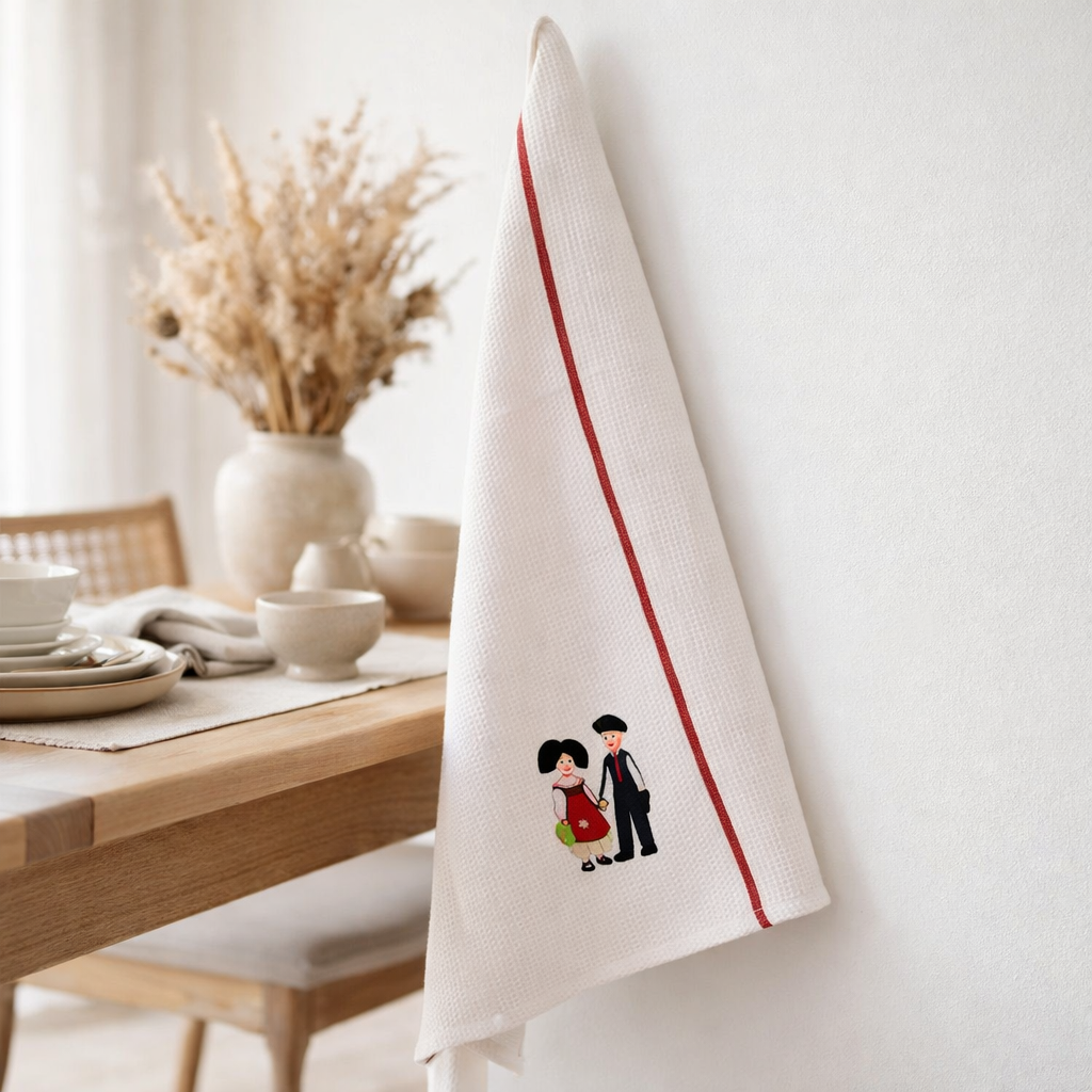 Torchon nid d'abeilles recyclé Couple enfants Strasbourg Blanc/rouge 50 x 70 en situation