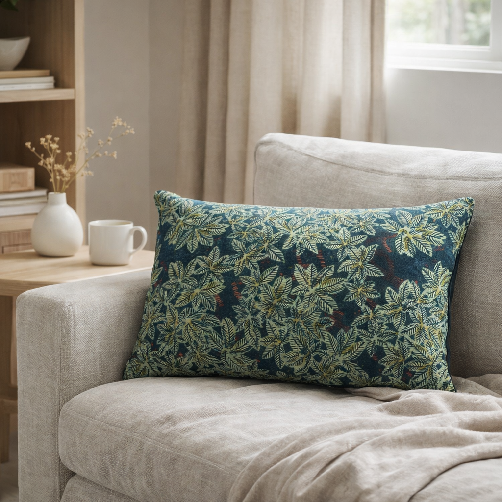 Coussin imprimé Ariane Pétrole 40 x 65 en situation