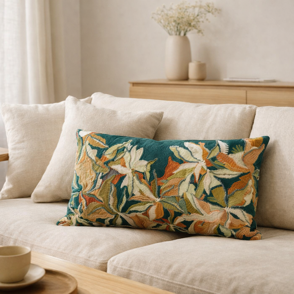 Coussin brodé Alina Pétrole 40 x 65 en situation
