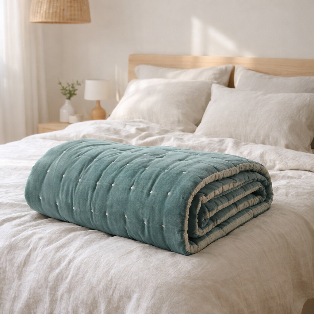 Chemin de Lit Uni Elise Vert de Gris 90 X 240 en situation