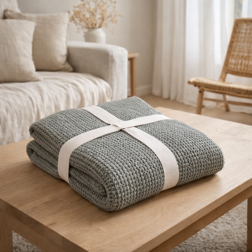 Plaid recyclé Maia Vert de gris 140 x 200 en situation