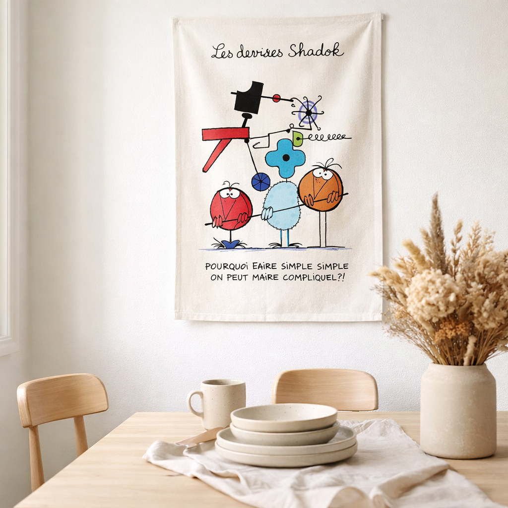 Torchon Shadoks Pourquoi faire simple Ecru 48 x 72 en situation
