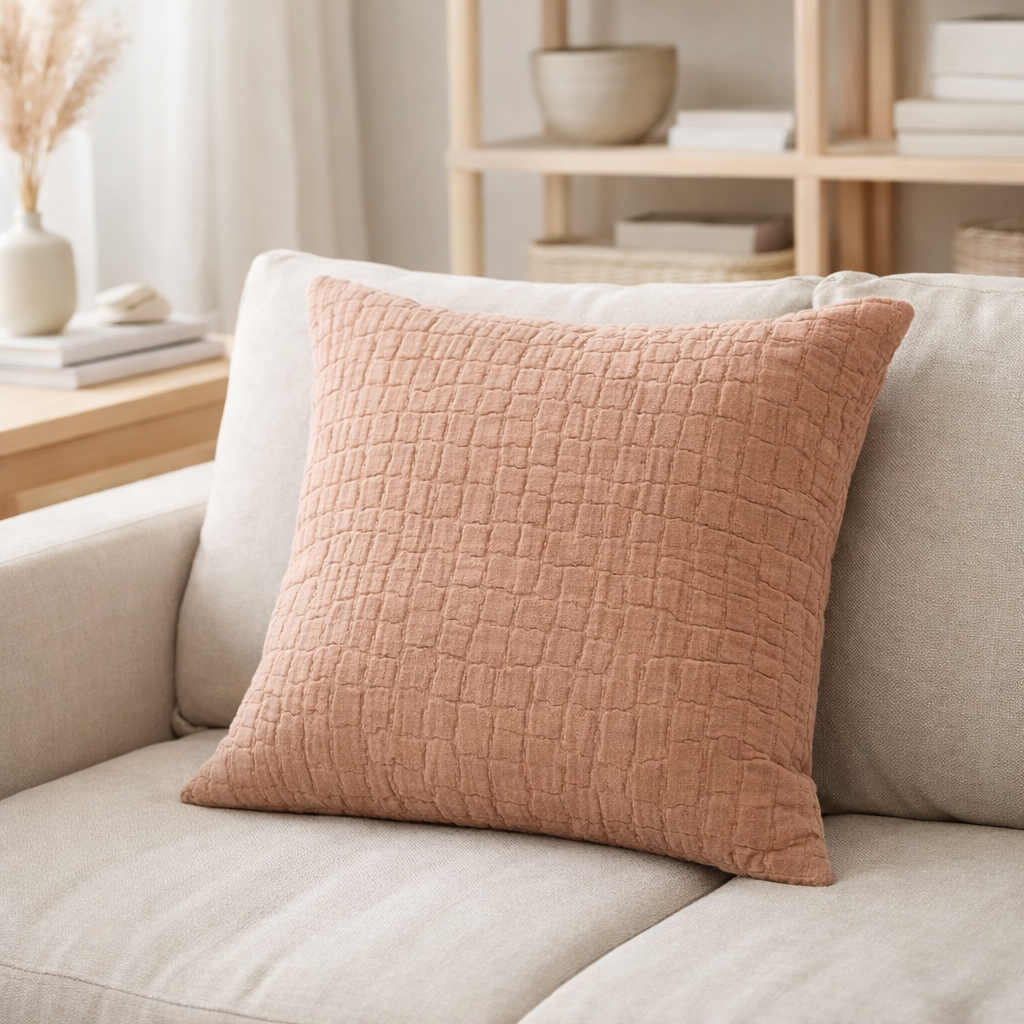 Coussin stonewash Swami Argile 45 x 45 en situation
