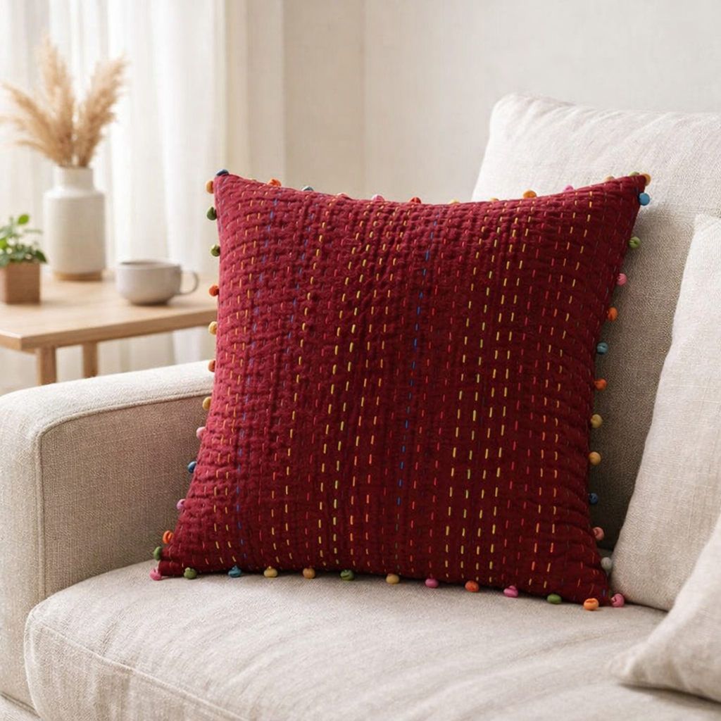Coussin uni Gastounet Griotte 45 x 45 en situation